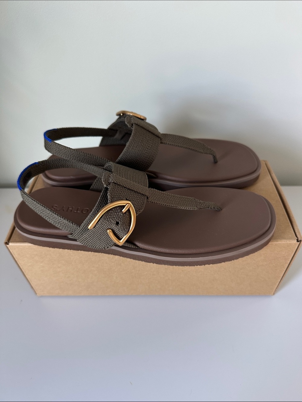 Rothy's Safari Green T-Strap Sandals with Gold Buckle